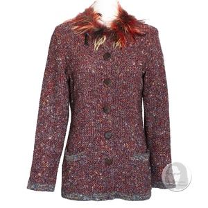 Yves Saint Laurent Sweater Cardigan Knit Feather Trim 90s YSL Rive Gauche Sz 38